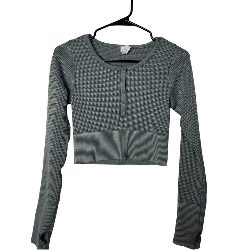 Offline By Aerie Sage Green Long Sleeve Henley Waffle Knit Crop Top Size XS